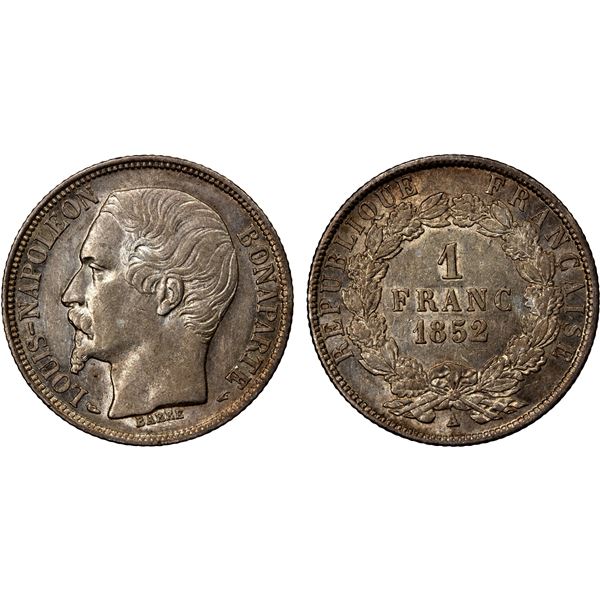 FRANCE: Second Republic, AR franc, 1852-A, Choice EF