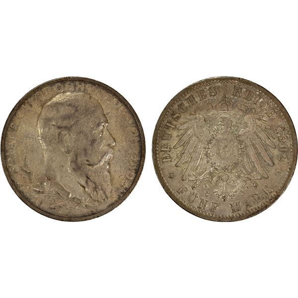 BADEN: Friedrich I, Grand Duke, 1856-1907, AR 5 mark, 1902, AU