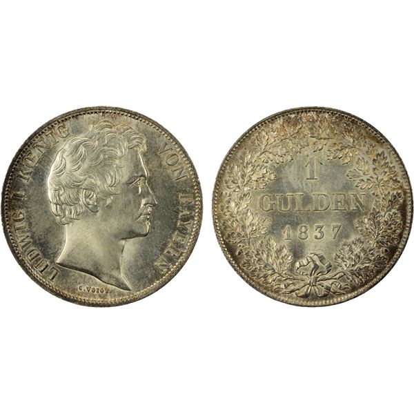 BAVARIA: Ludwig I, 1825-1848, AR gulden, 1837, Unc