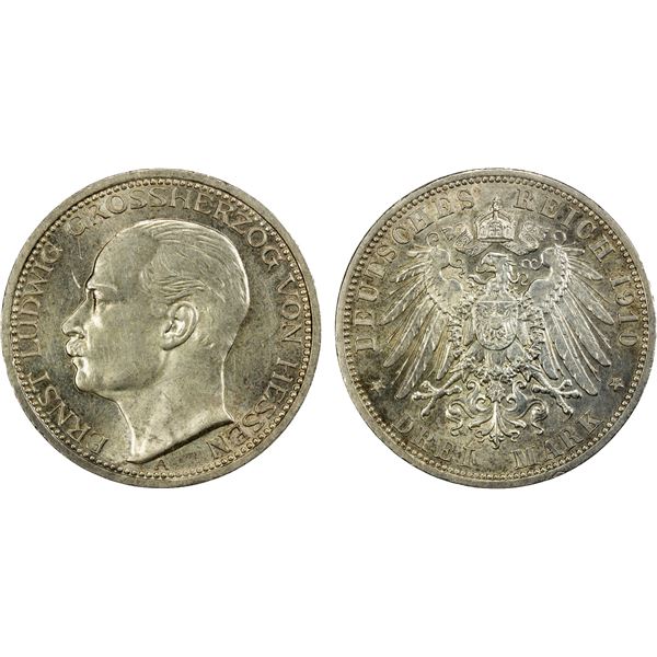 HESSE-DARMSTADT: Ernst Ludwig, 1892-1918, AR 3 mark, 1910-A, Unc