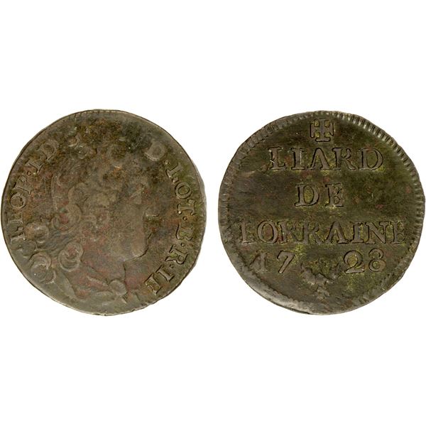 LORRAINE: Leopold Joseph, 1697-1729, AE liard, 1728, VF