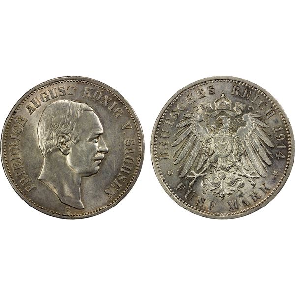 SAXONY: Friedrich August III, 1904-1918, AR 5 mark, 1914-E, AU