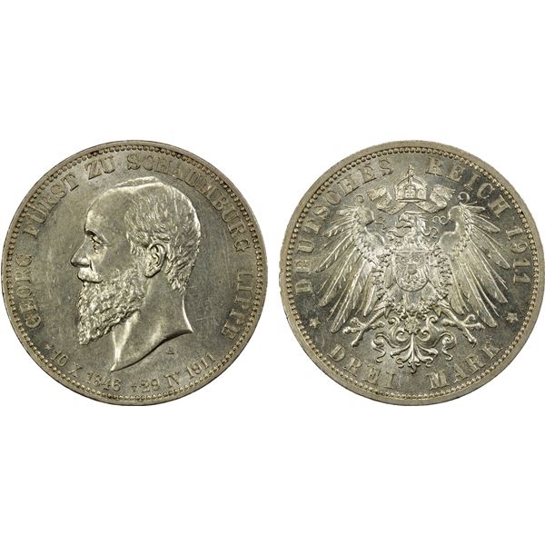 SCHAUMBURG-LIPPE: Adolf II, 1911-1918, AR 3 mark, 1911-A, AU