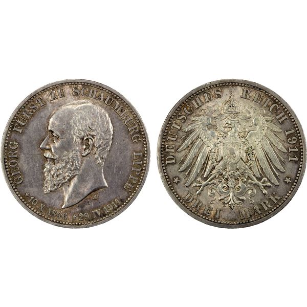 SCHAUMBURG-LIPPE: Adolf II, 1911-1918, AR 3 mark, 1911-A, AU