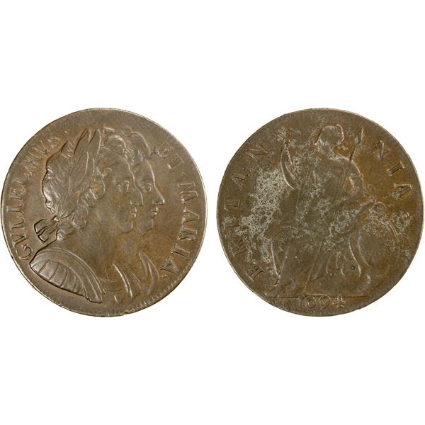 ENGLAND: William and Mary, 1689-1694, AR halfpenny, 1694, VF