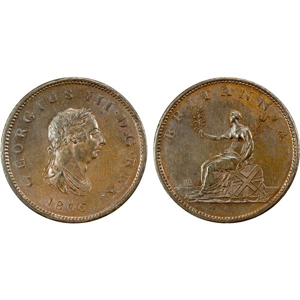 GREAT BRITAIN: George III, 1760-1820, AE halfpenny, 1806, Unc