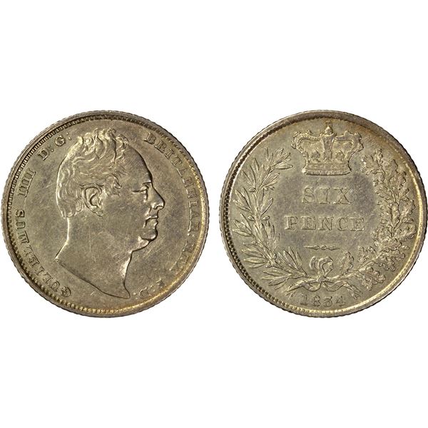 GREAT BRITAIN: William IV, 1830-1837, AR sixpence, 1834, EF