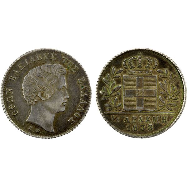 GREECE: Othon, 1832-1862, AR ¼ drachma, 1833, EF