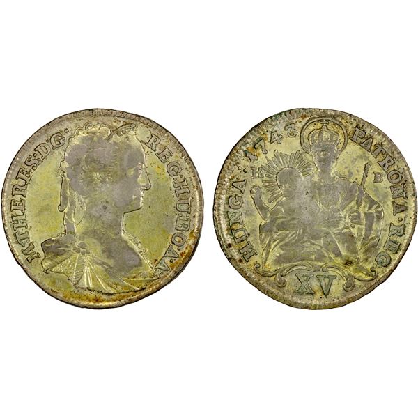 HUNGARY: Maria Theresa, 1740-1780, AR 15 krajczar, 1743-KB, EF