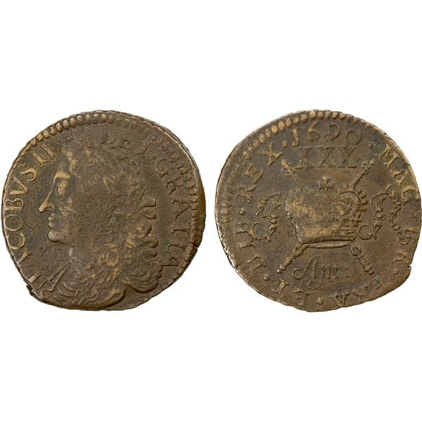 IRELAND: James II, 1685-1688, AE ½ crown (11.21g), April 1690, F-VF
