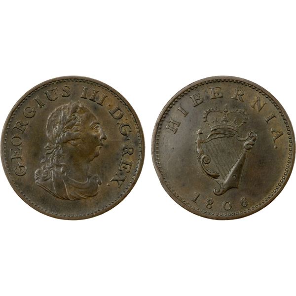 IRELAND: George III, 1760-1820, AE farthing, 1806, AU