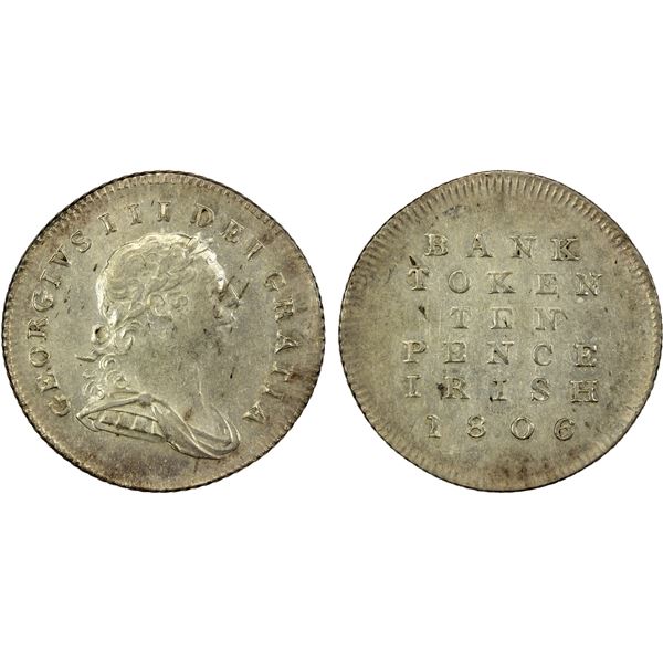 IRELAND: George III, 1760-1820, AR 10 pence token, 1806, Choice EF
