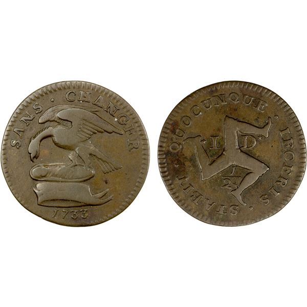 ISLE OF MAN: British Dependency, AE halfpenny, 1733, VF