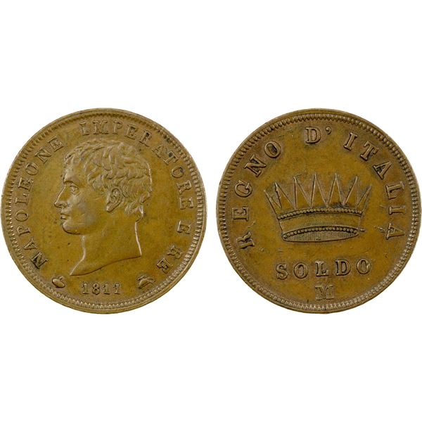 KINGDOM OF ITALY: Napoleon I, 1804-1814, AE soldo, 1811-M, VF-EF