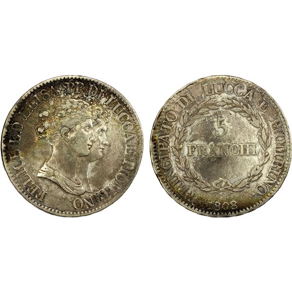 LUCCA: Felix Bacciocchi and Elisa (Bonaparte), 1805-1814, AR 5 franchi, 1808/7, VF