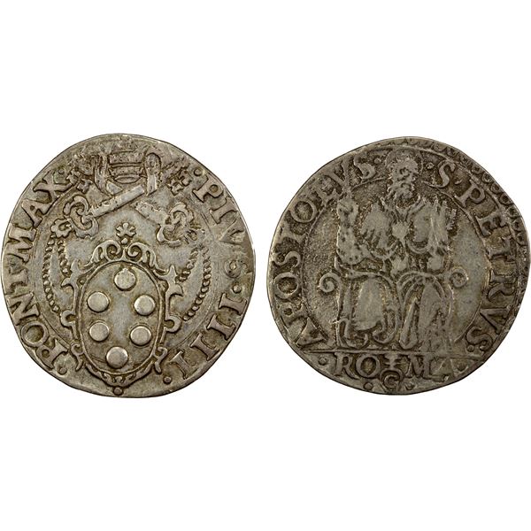 PAPAL STATES: Pius IV, 1559-1565, AR testone (16.61g), ND, VF