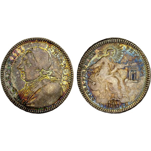 PAPAL STATES: Clement XIII, 1758-1769, AR 2 giulio, 1761, VF-EF