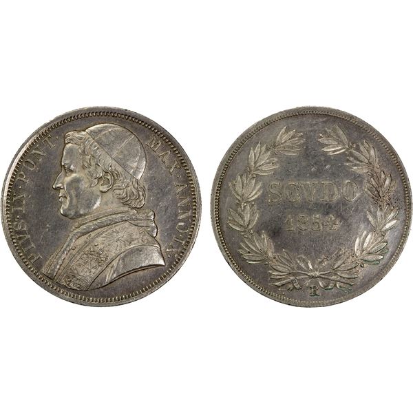 PAPAL STATES: Pius IX, 1846-1878, AR scudo, 1854-R, Choice EF