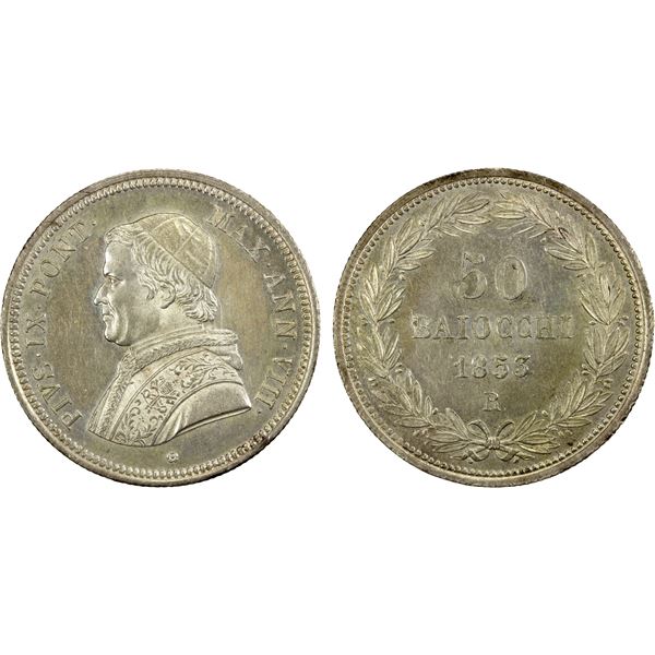 PAPAL STATES: Pius IX, 1846-1878, AR 50 baiocchi, 1853-R, AU