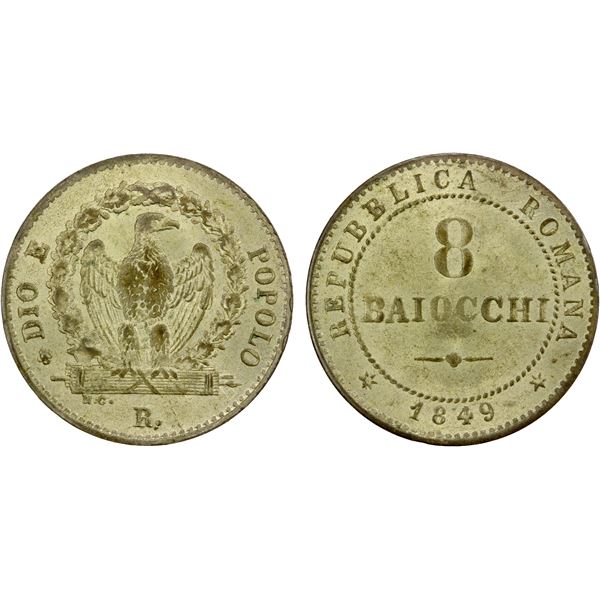 ROMAN REPUBLIC: Second Republic, BI 8 baiocchi, 1849, VF-EF