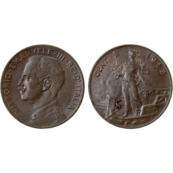 ITALY: Vittorio Emanuele III, 1900-1946, AE 2 centesimi, 1912-R, Unc
