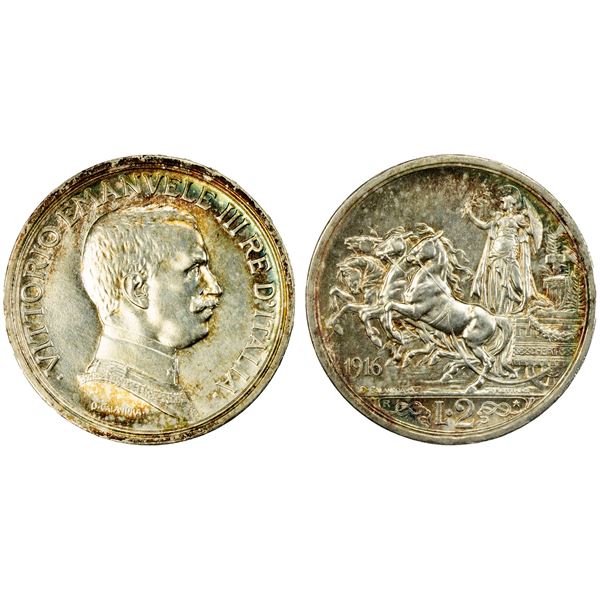 ITALY: Vittorio Emanuele III, 1900-1946, AR 2 lire, 1916-R, Unc