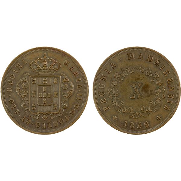 MADEIRA: Maria II, 1834-1853, AE 10 reis, 1852, choice EF