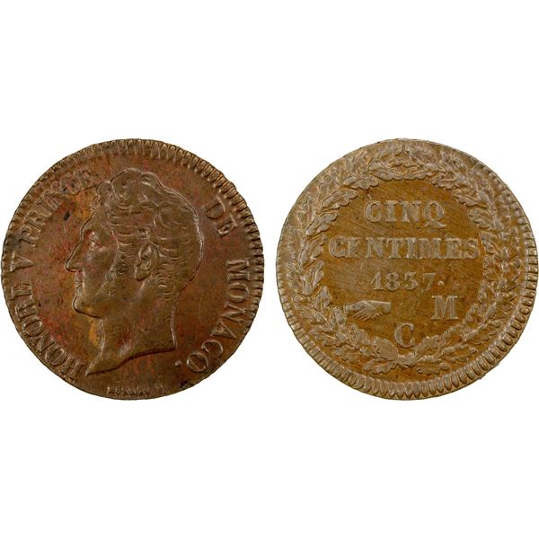 MONACO: Honore V, 1819-1841, AE 5 centimes, 1837-M, EF-AU
