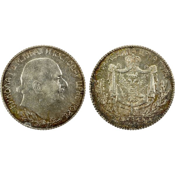 MONTENEGRO: Nicholas I, as Prince, 1860-1910, AR perper, 1909, EF