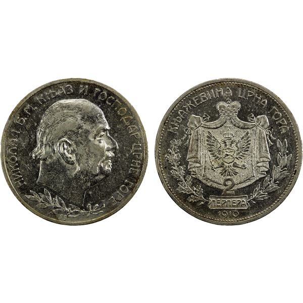 MONTENEGRO: Nicholas I, as Prince, 1860-1910, AR 2 perpera, 1910, EF