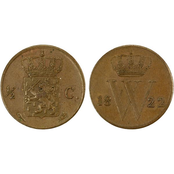 NETHERLANDS: Willem I, 1815-1840, AE ½ cent, 1822, AU