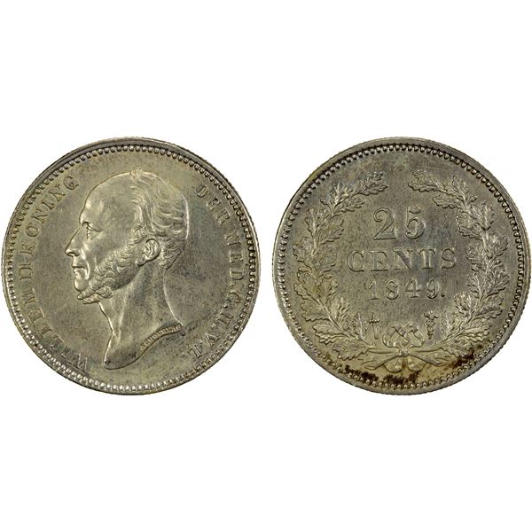 NETHERLANDS: Willem II, 1840-1849, AR 25 cents, 1849, AU