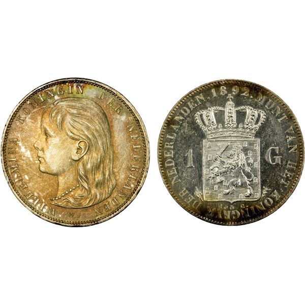 NETHERLANDS: Wilhelmina I, 1890-1948, AR gulden, 1892, AU