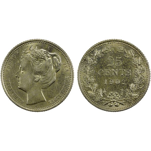 NETHERLANDS: Wilhelmina I, 1890-1948, AR 25 cents, 1902, AU