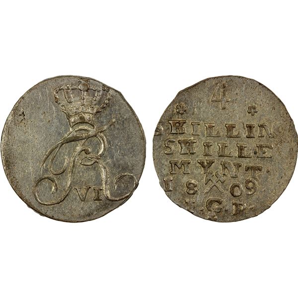 NORWAY: Frederik VI, 1808-1839, BI 4 skilling, 1809, EF-AU