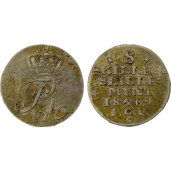NORWAY: Frederik VI, 1808-1839, BI 8 skilling, 1809, EF