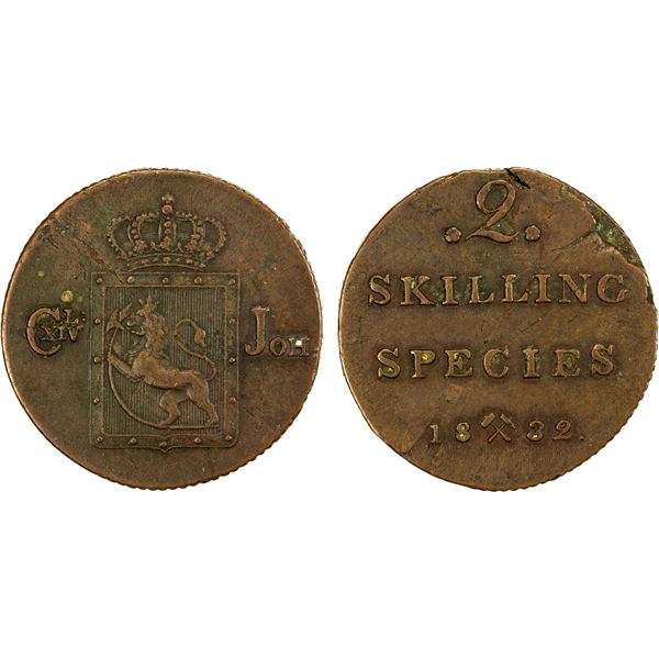 NORWAY: Frederik VI, 1808-1839, AE 2 skilling, 1832, VF