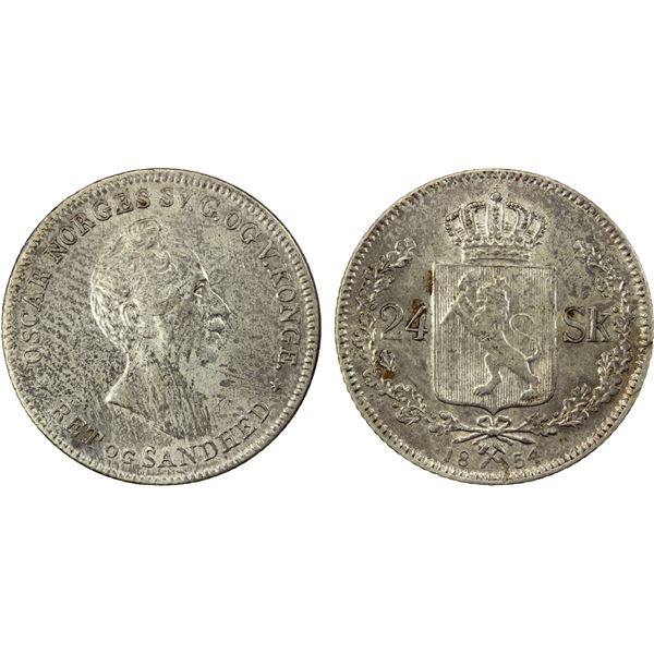 NORWAY: Oscar I, 1844-1859, AR 24 skilling, 1854, AU