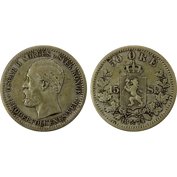 NORWAY: Oscar II, 1872-1907, AR 50 øre/15 skilling, 1874, F-VF