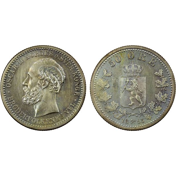 NORWAY: Oscar II, 1872-1907, AR 50 øre, 1895, Unc