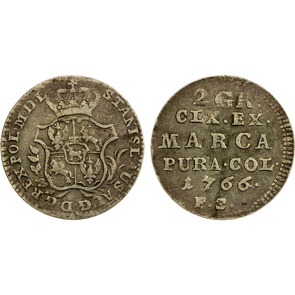 POLAND: Stanislaus Augustus, 1764-1795, AR 2 groschen, 1766, VF