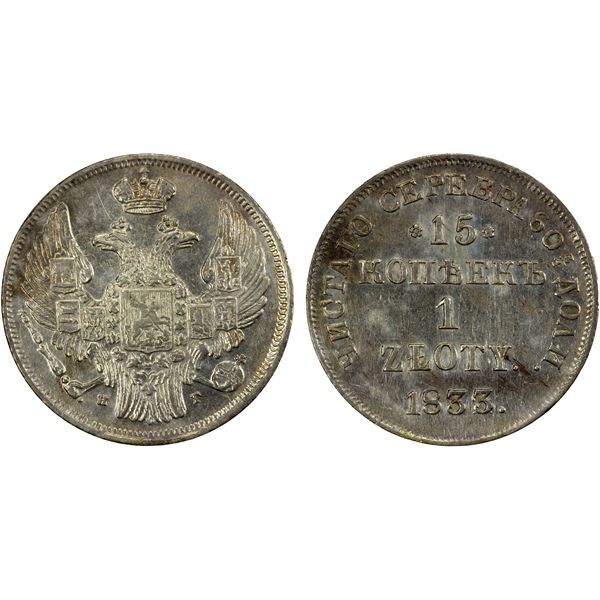 POLAND: Nicholas I, 1825-1855, AR zloty/15 kopeks, 1833/2, EF