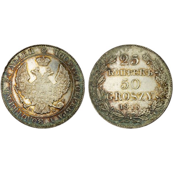 POLAND: Nicholas I, 1825-1855, AR 50 groszy/25 kopeks, 1846, Choice EF