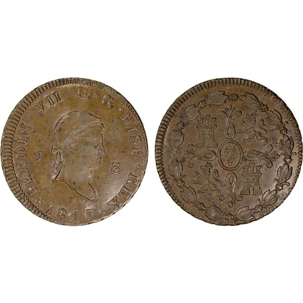SPAIN: Fernando VII, 1808-1833, AE 8 maravedis, 1817-J, EF-AU
