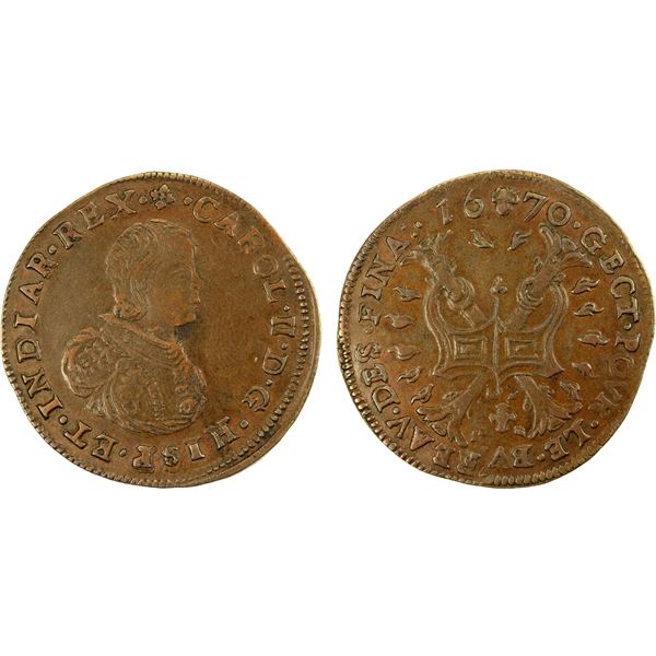SPANISH NETHERLANDS: Carlos II, 1665-1700, AE jeton (5.91g), Brussels, 1670, Choice VF