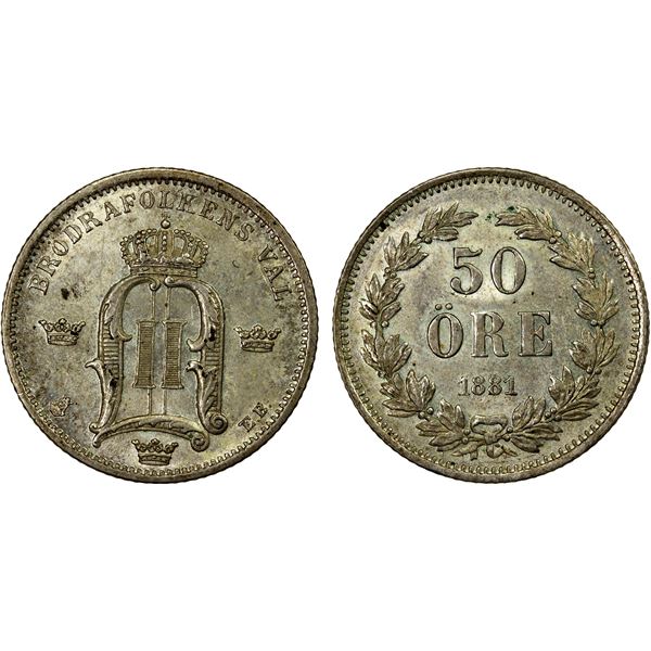 SWEDEN: Oscar II, 1872-1907, AR 50 öre, 1881, Choice AU