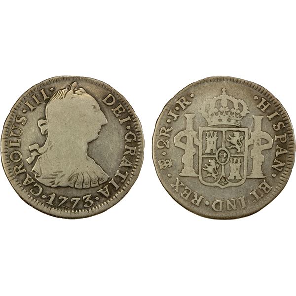 BOLIVIA: Carlos III, 1759-1788, AR 2 reales (6.28g), Potosi, 1773 JR, Fine