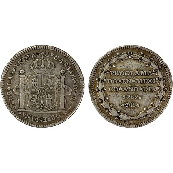 MEXICO: Carlos IV, 1788-1808, AR proclamation 2 reales (6.62g), 1789, F-VF