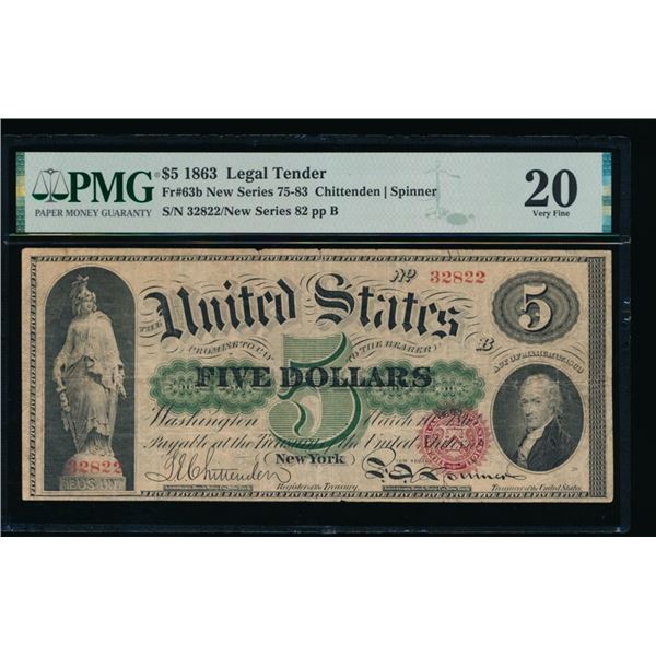 1863 $5 Legal Tender Note PMG 20