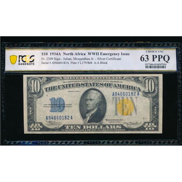 1934A $10 N Africa Silver Certificate PCGS 63PPQ